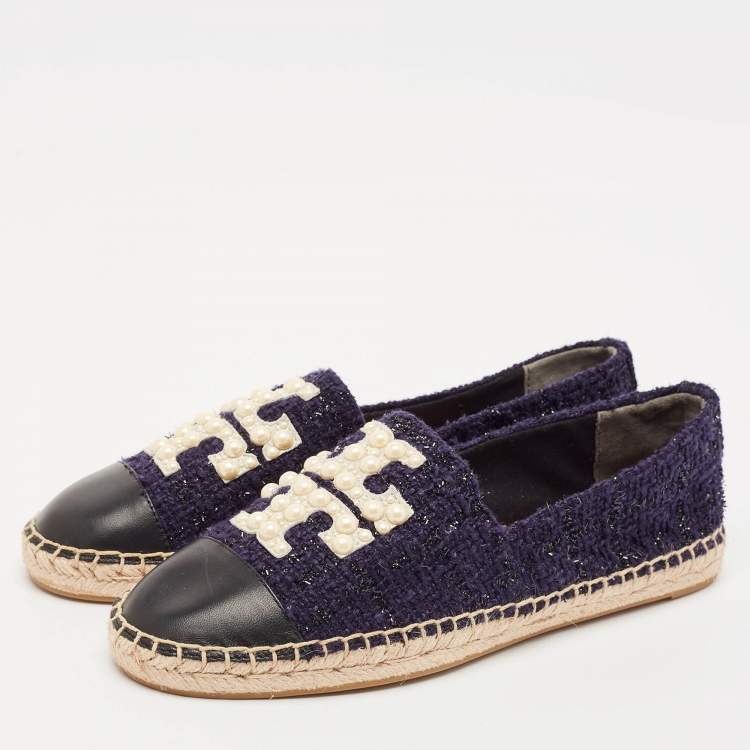 Pre Owned Tory Burch Navy Blue Tweed And Leather Espadrilles Flats Size 38