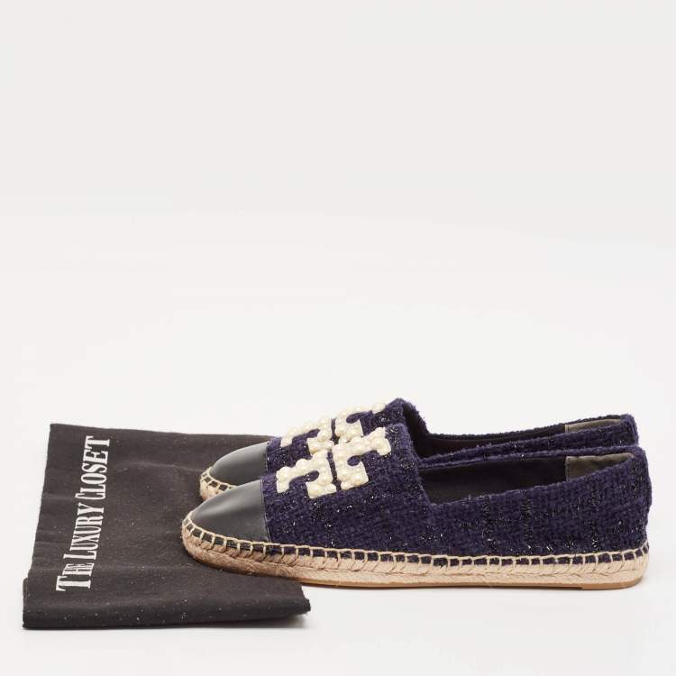 Pre Owned Tory Burch Navy Blue Tweed And Leather Espadrilles Flats Size 38