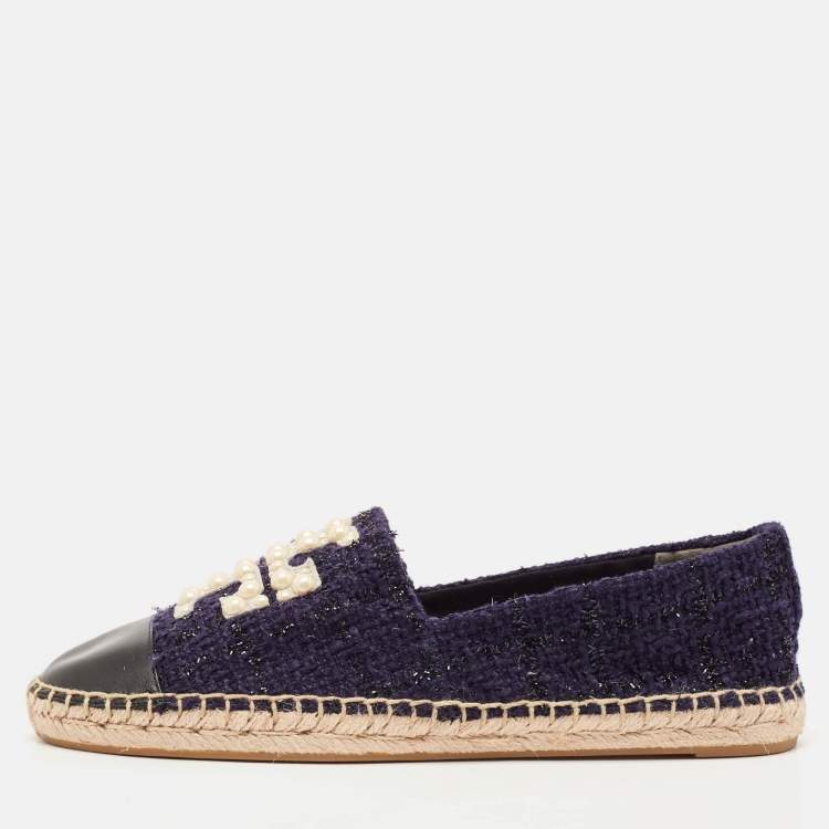 Pre Owned Tory Burch Navy Blue Tweed And Leather Espadrilles Flats Size 38