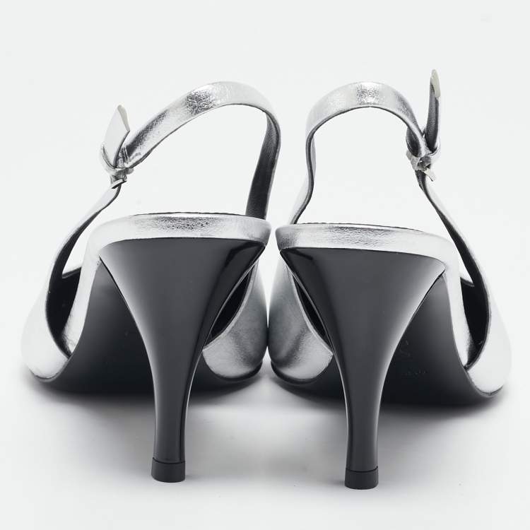 Pre Owned Tory Burch Silver Leather Eleanor Slingback Pumps Size 39