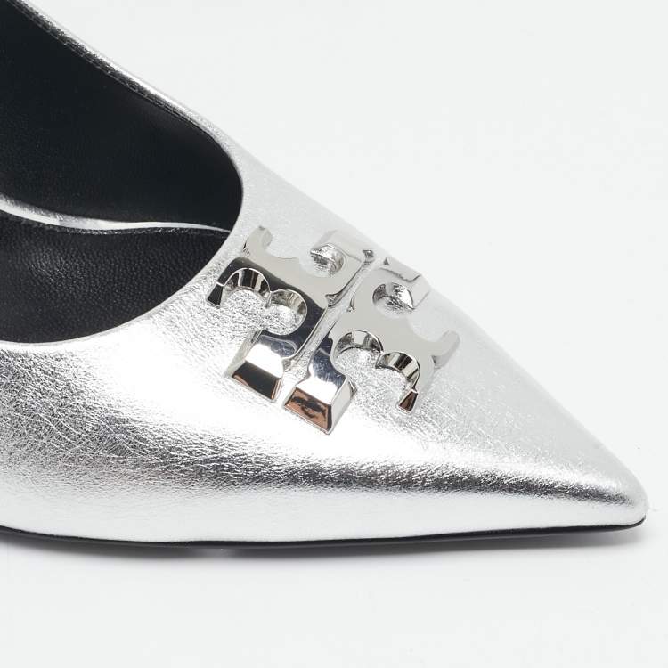 Pre Owned Tory Burch Silver Leather Eleanor Slingback Pumps Size 39