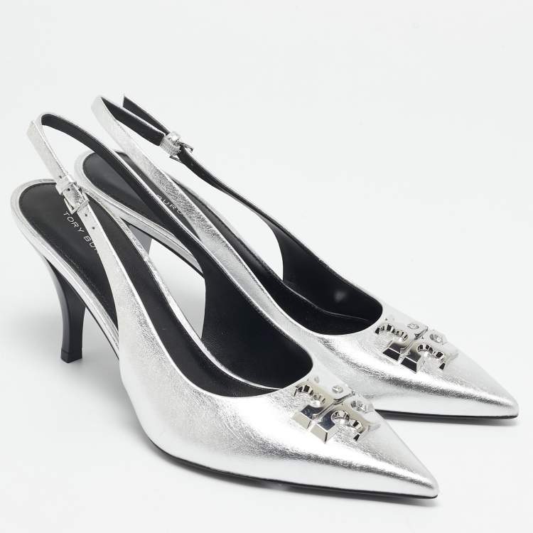Pre Owned Tory Burch Silver Leather Eleanor Slingback Pumps Size 39