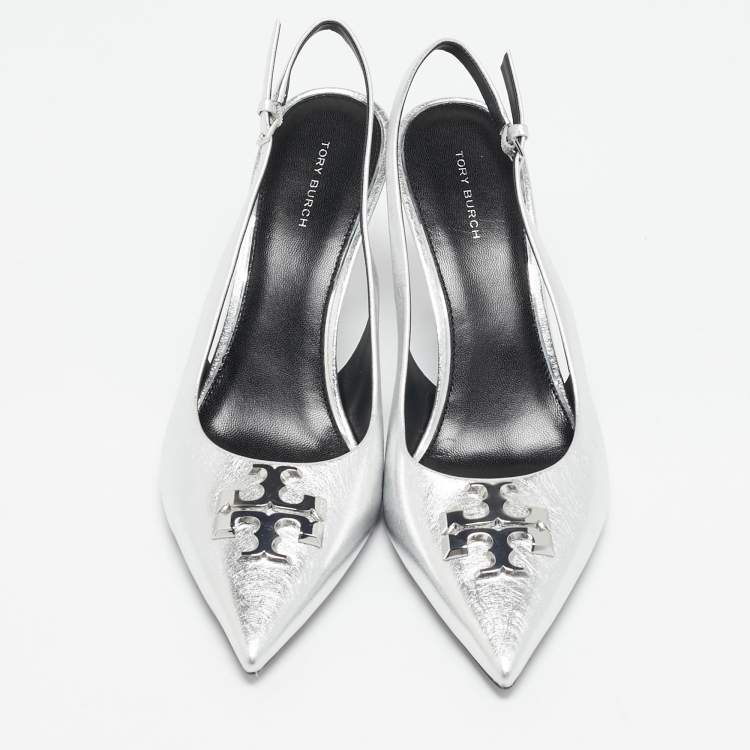 Pre Owned Tory Burch Silver Leather Eleanor Slingback Pumps Size 39