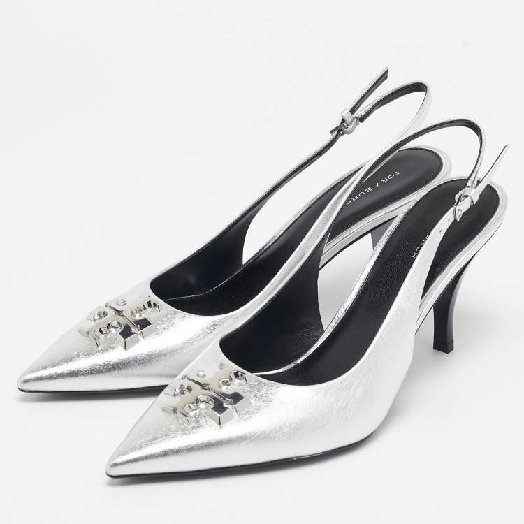 Pre Owned Tory Burch Silver Leather Eleanor Slingback Pumps Size 39