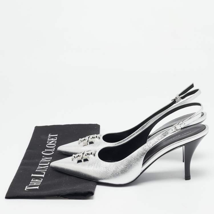Pre Owned Tory Burch Silver Leather Eleanor Slingback Pumps Size 39