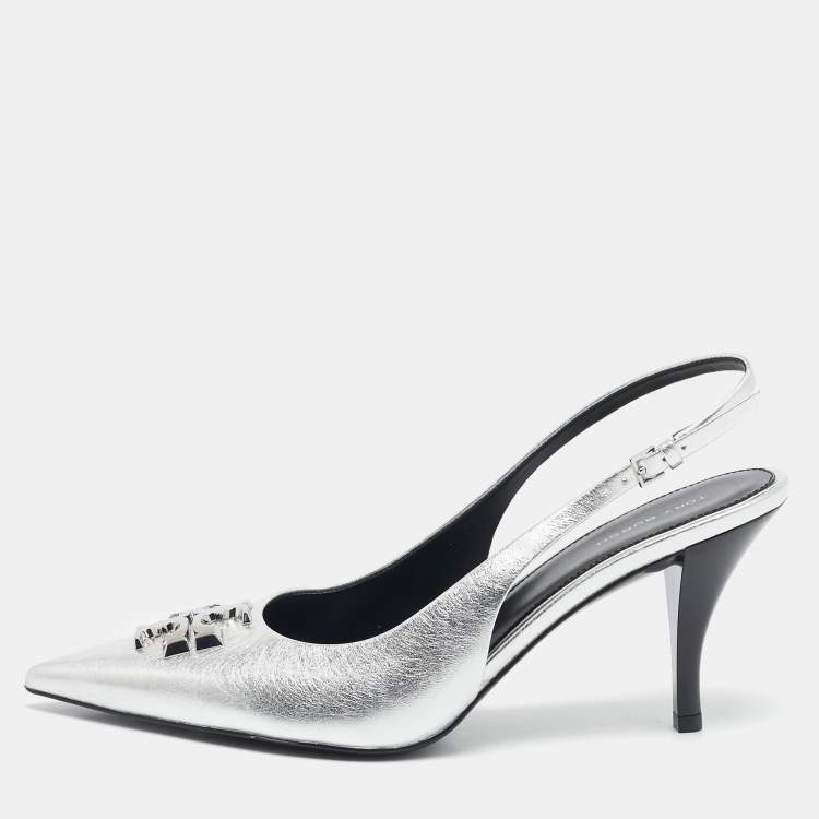 Pre Owned Tory Burch Silver Leather Eleanor Slingback Pumps Size 39