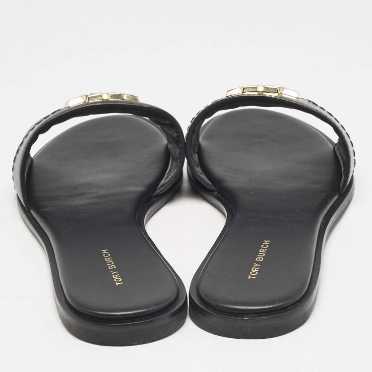 Pre Owned Tory Burch Black Leather Everly Flat Slides Size 38