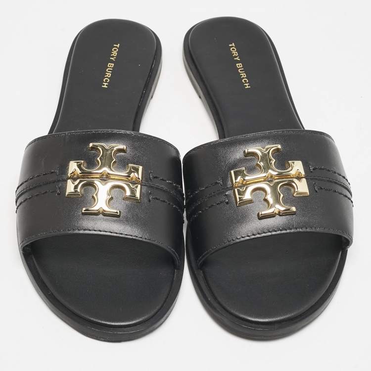 Pre Owned Tory Burch Black Leather Everly Flat Slides Size 38