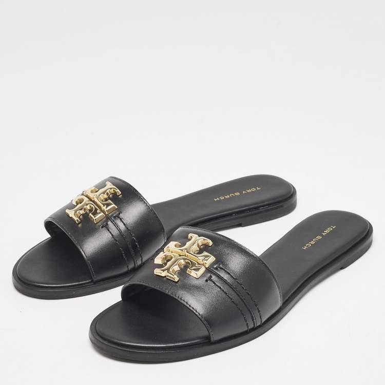 Pre Owned Tory Burch Black Leather Everly Flat Slides Size 38