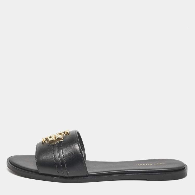 Pre Owned Tory Burch Black Leather Everly Flat Slides Size 38