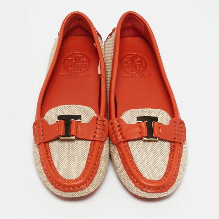 Pre Owned Tory Burch Beige/Orange Canvas and Leather Casey Loafers Size 35.5