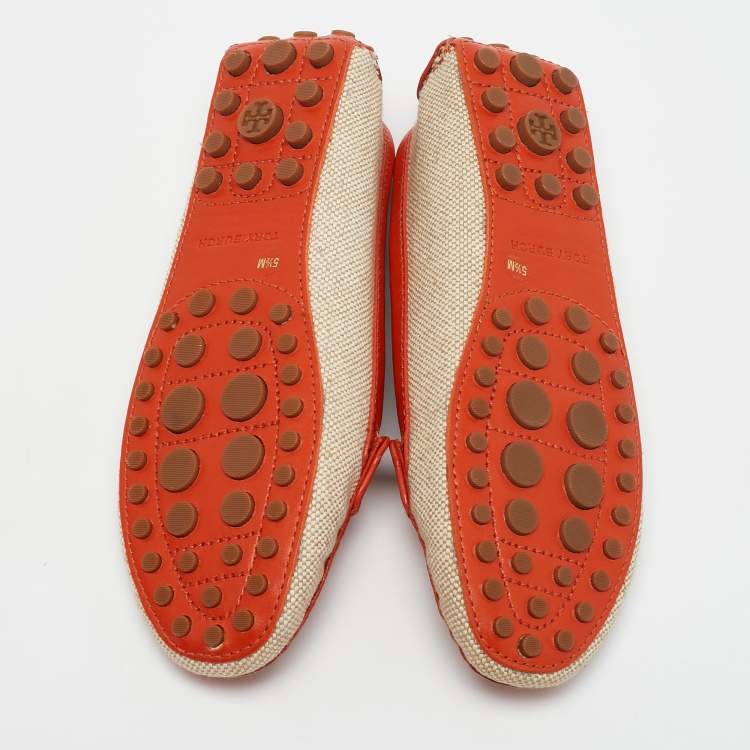 Pre Owned Tory Burch Beige/Orange Canvas and Leather Casey Loafers Size 35.5