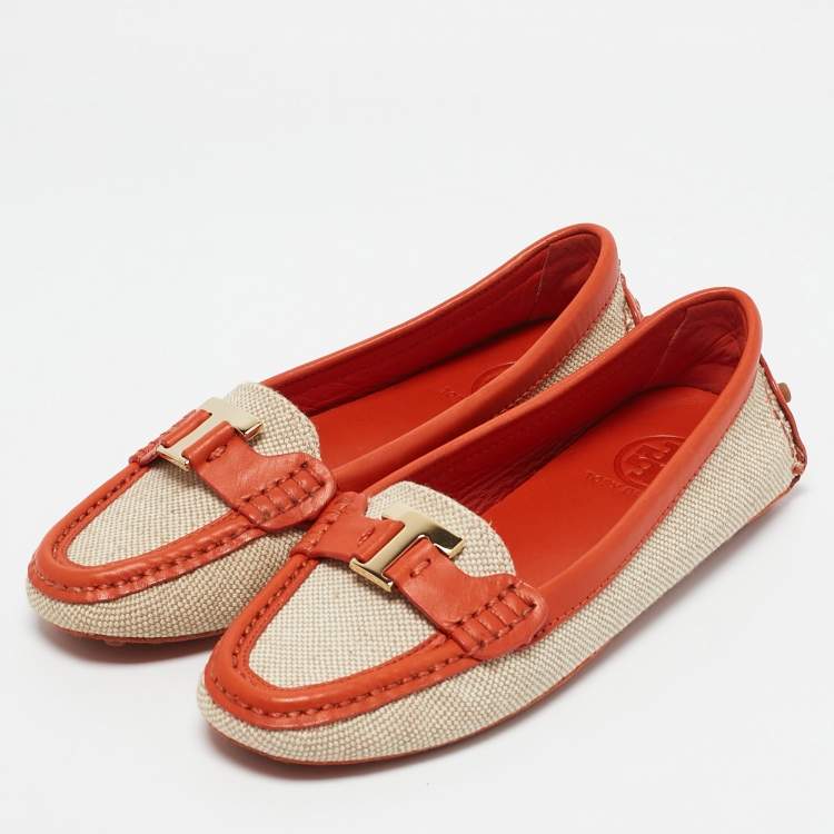 Pre Owned Tory Burch Beige/Orange Canvas and Leather Casey Loafers Size 35.5