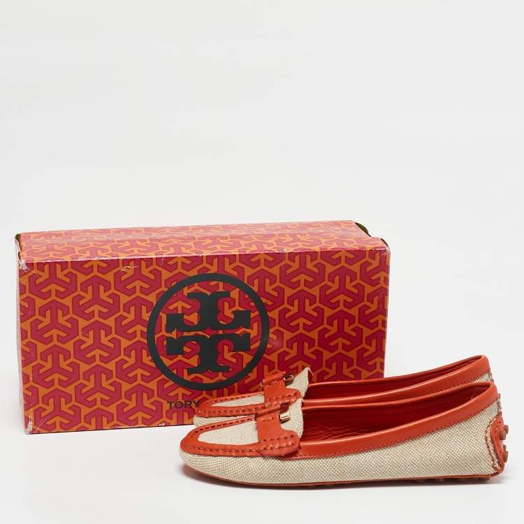 Pre Owned Tory Burch Beige/Orange Canvas and Leather Casey Loafers Size 35.5
