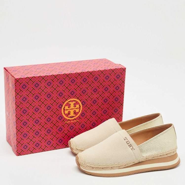 Pre Owned Tory Burch Gold/Beige Knit Fabric Daisy Espadrille Slip On Sneakers Size 39