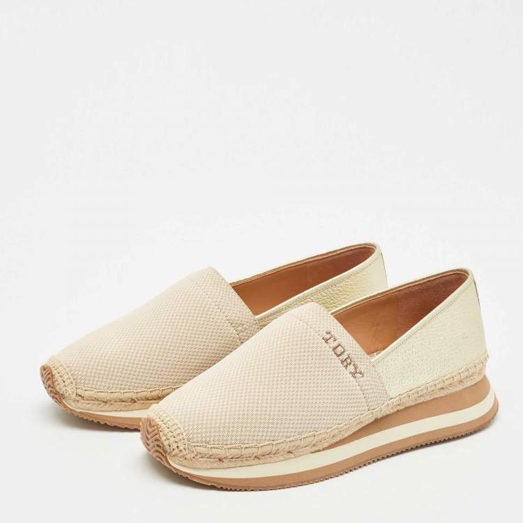 Pre Owned Tory Burch Gold/Beige Knit Fabric Daisy Espadrille Slip On Sneakers Size 39
