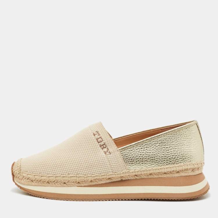Pre Owned Tory Burch Gold/Beige Knit Fabric Daisy Espadrille Slip On Sneakers Size 39