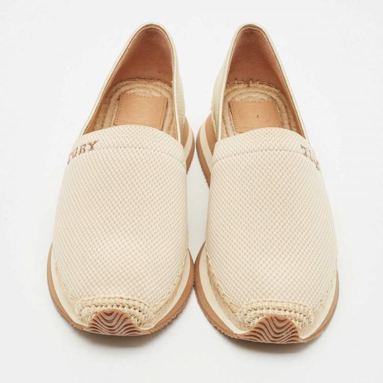 Pre Owned Tory Burch Gold/Beige Knit Fabric Daisy Espadrille Slip On Sneakers Size 39