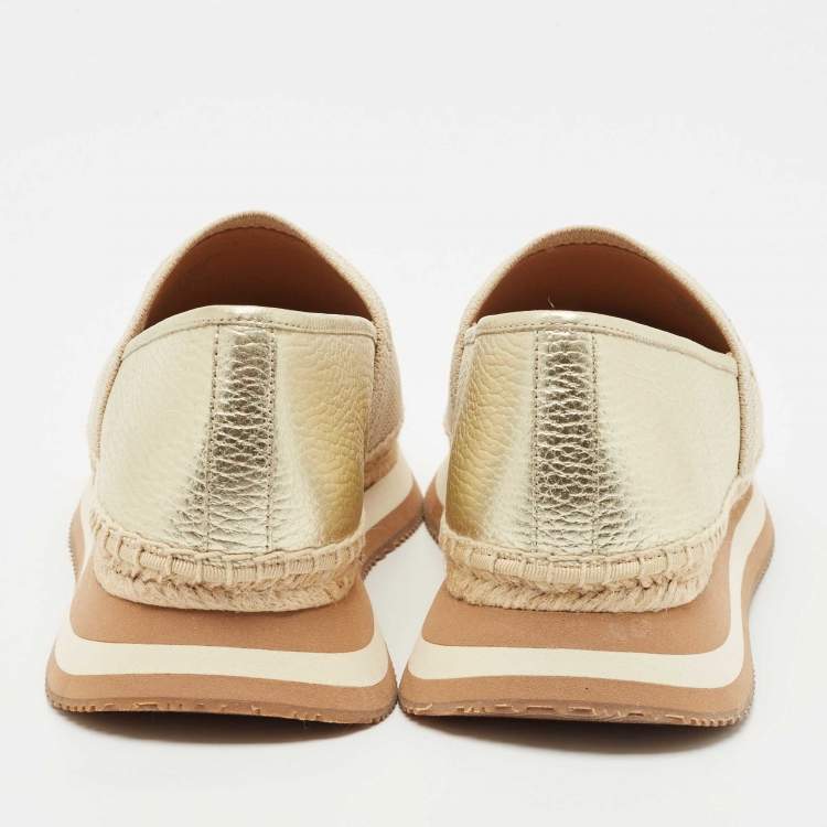 Pre Owned Tory Burch Gold/Beige Knit Fabric Daisy Espadrille Slip On Sneakers Size 39