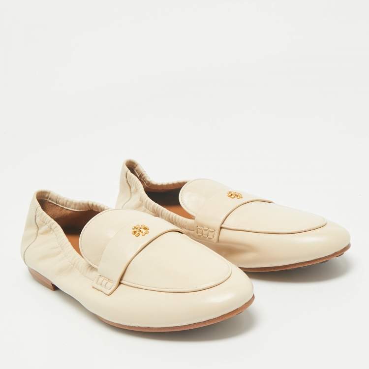Pre Owned Tory Burch Beige Leather Scrunch Ballet Flats Size 38