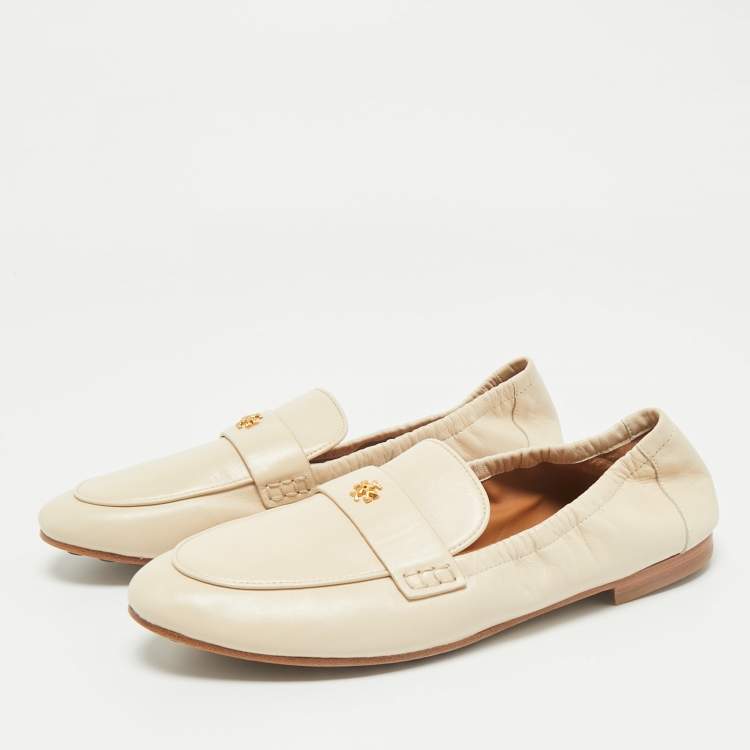 Pre Owned Tory Burch Beige Leather Scrunch Ballet Flats Size 38