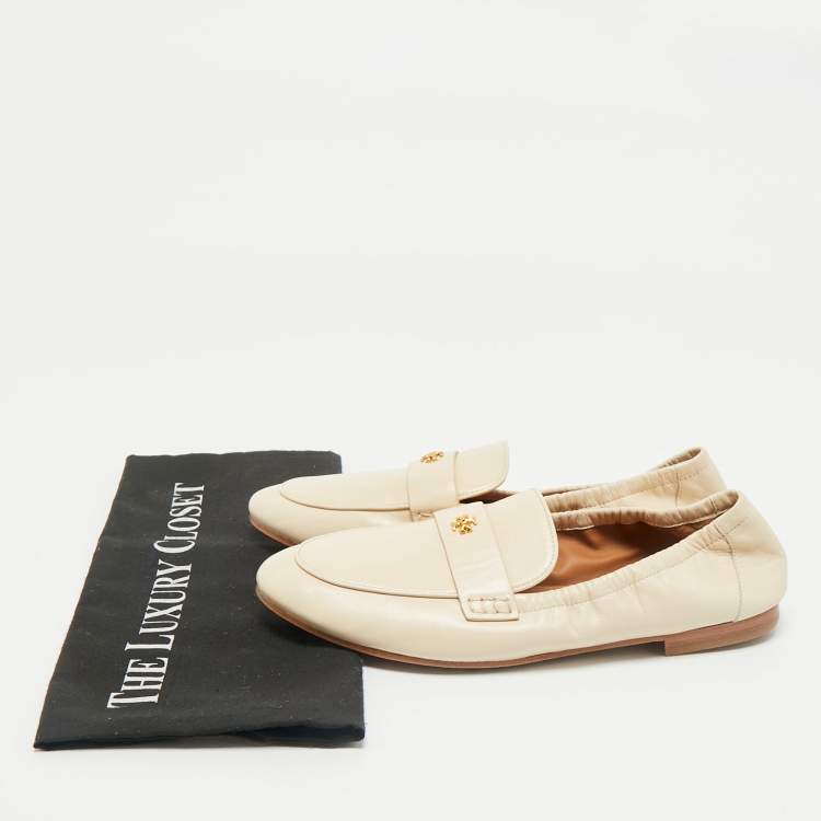 Pre Owned Tory Burch Beige Leather Scrunch Ballet Flats Size 38