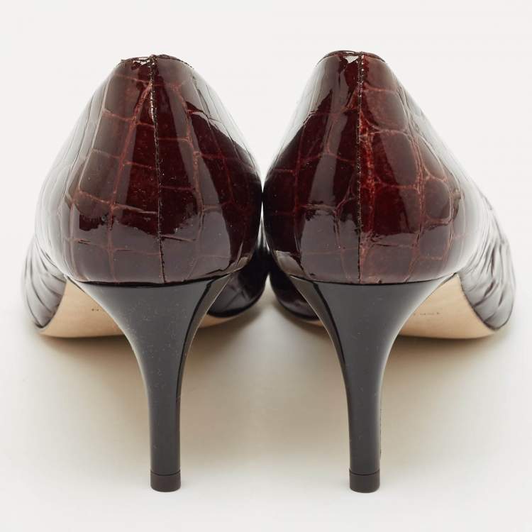Pre Owned Tory Burch Brown Croc Embossed Patent Leather Eleanor Pointed Toe Pumps Size 39