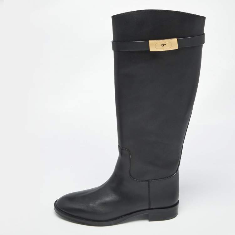 Pre Owned Tory Burch Black Leather Riding Boots Size 39.5