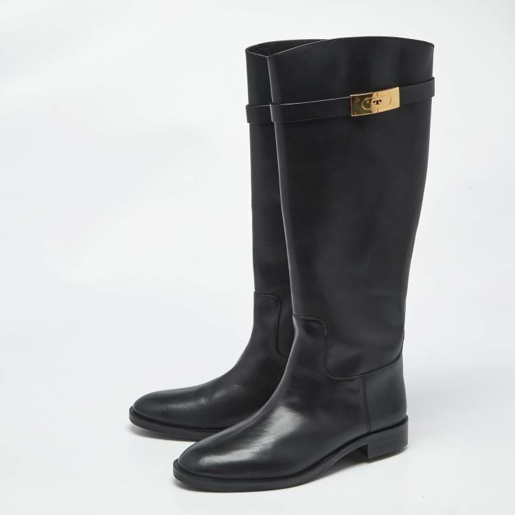 Pre Owned Tory Burch Black Leather Riding Boots Size 39.5
