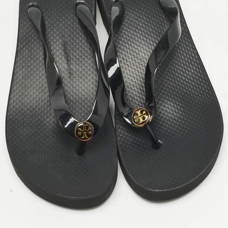 Pre Owned Tory Burch Black Rubber Cut-Out Wedge Flip Flops Size 40