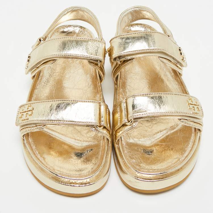Pre Owned Tory Burch Gold Leather Kira Slingback Flat Sandals Size 38.5