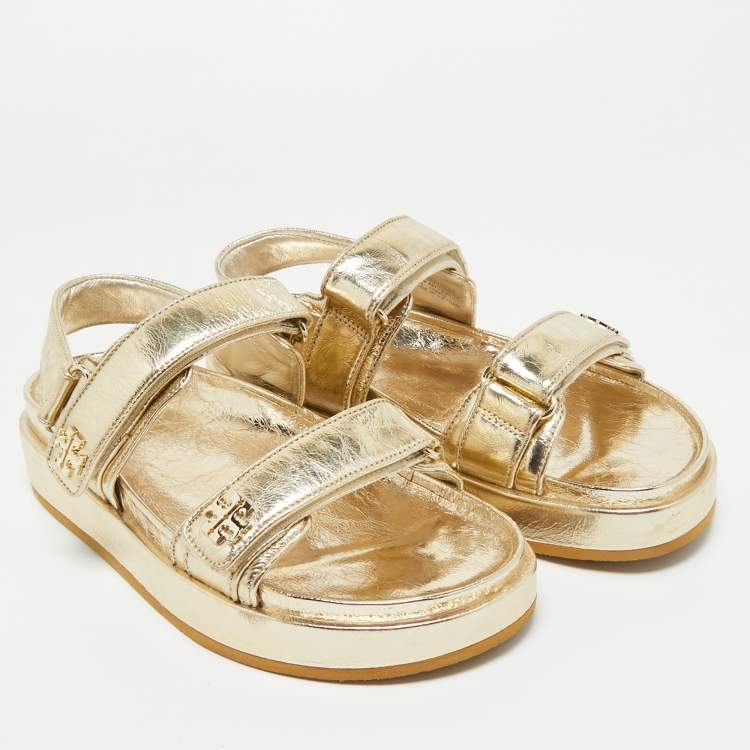 Pre Owned Tory Burch Gold Leather Kira Slingback Flat Sandals Size 38.5