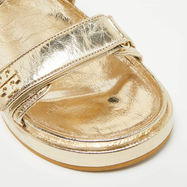 Pre Owned Tory Burch Gold Leather Kira Slingback Flat Sandals Size 38.5