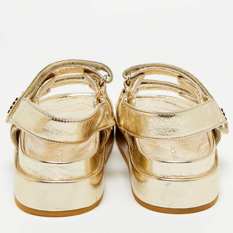 Pre Owned Tory Burch Gold Leather Kira Slingback Flat Sandals Size 38.5