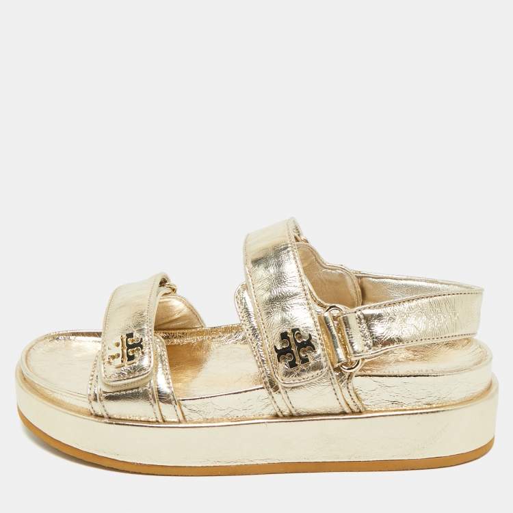 Pre Owned Tory Burch Gold Leather Kira Slingback Flat Sandals Size 38.5