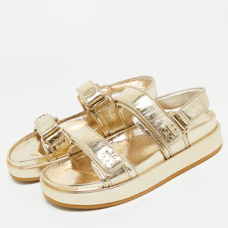 Pre Owned Tory Burch Gold Leather Kira Slingback Flat Sandals Size 38.5