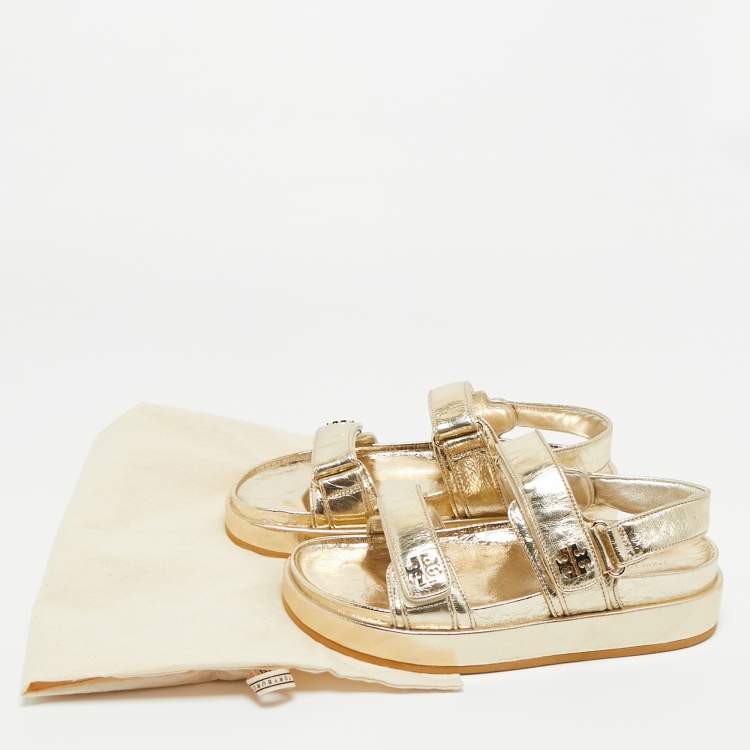 Pre Owned Tory Burch Gold Leather Kira Slingback Flat Sandals Size 38.5