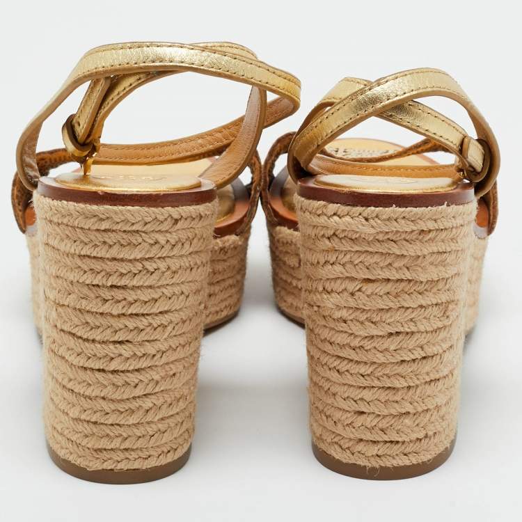 Pre Owned Tory Burch Gold Cutout Leather Roselle Espadrille Platform Sandals Size 41