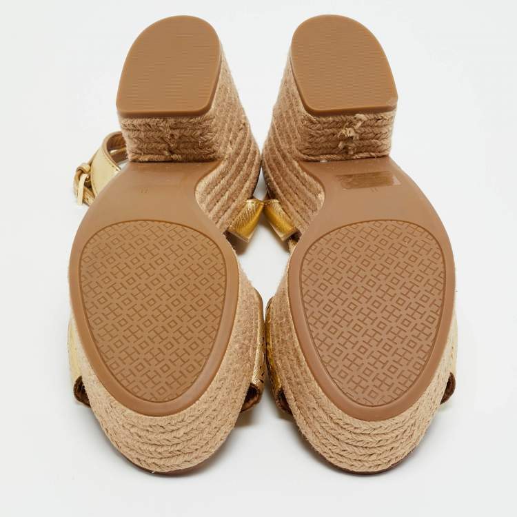Pre Owned Tory Burch Gold Cutout Leather Roselle Espadrille Platform Sandals Size 41