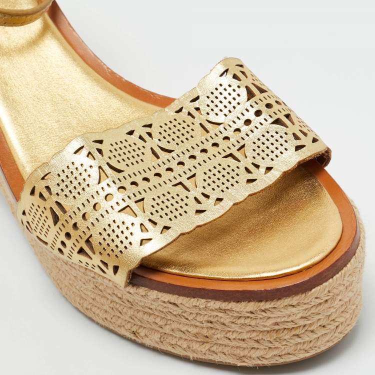Pre Owned Tory Burch Gold Cutout Leather Roselle Espadrille Platform Sandals Size 41