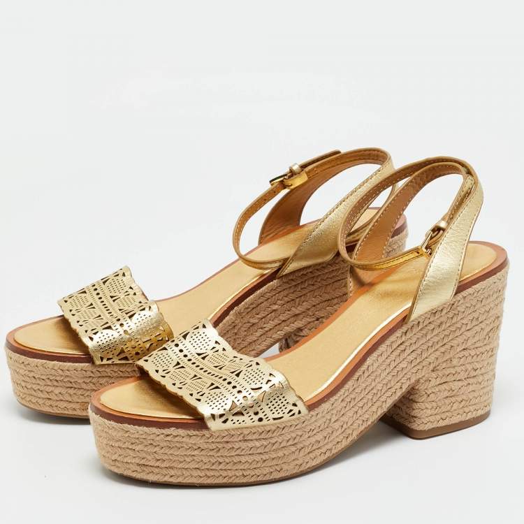 Pre Owned Tory Burch Gold Cutout Leather Roselle Espadrille Platform Sandals Size 41