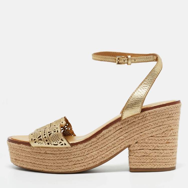 Pre Owned Tory Burch Gold Cutout Leather Roselle Espadrille Platform Sandals Size 41
