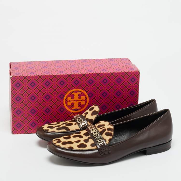 Pre Owned Tory Burch Brown Calf Hair and Leather Gemini Link Loafers Size 41