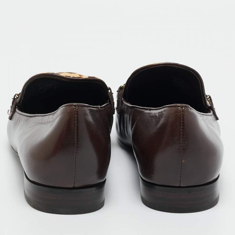 Pre Owned Tory Burch Brown Calf Hair and Leather Gemini Link Loafers Size 41