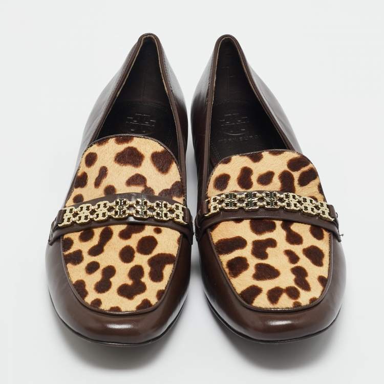 Pre Owned Tory Burch Brown Calf Hair and Leather Gemini Link Loafers Size 41