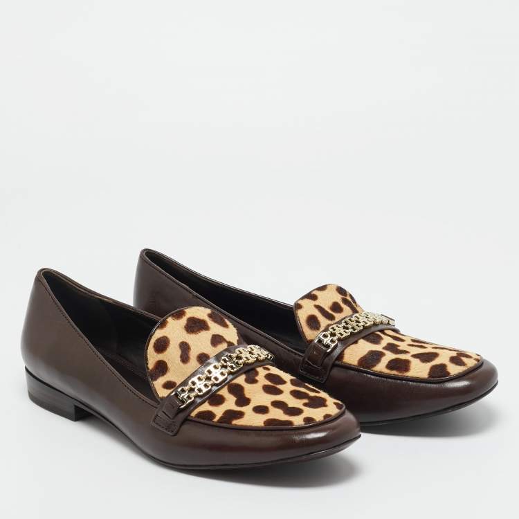 Pre Owned Tory Burch Brown Calf Hair and Leather Gemini Link Loafers Size 41
