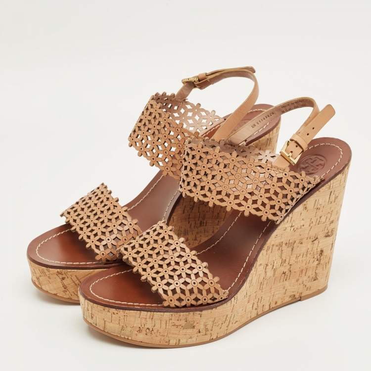 Pre Owned Tory Burch Beige Perforated Leather Daisy Cork Wedge Sandals Size 40.5