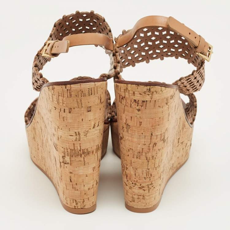 Pre Owned Tory Burch Beige Perforated Leather Daisy Cork Wedge Sandals Size 40.5