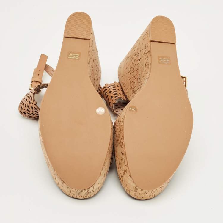 Pre Owned Tory Burch Beige Perforated Leather Daisy Cork Wedge Sandals Size 40.5