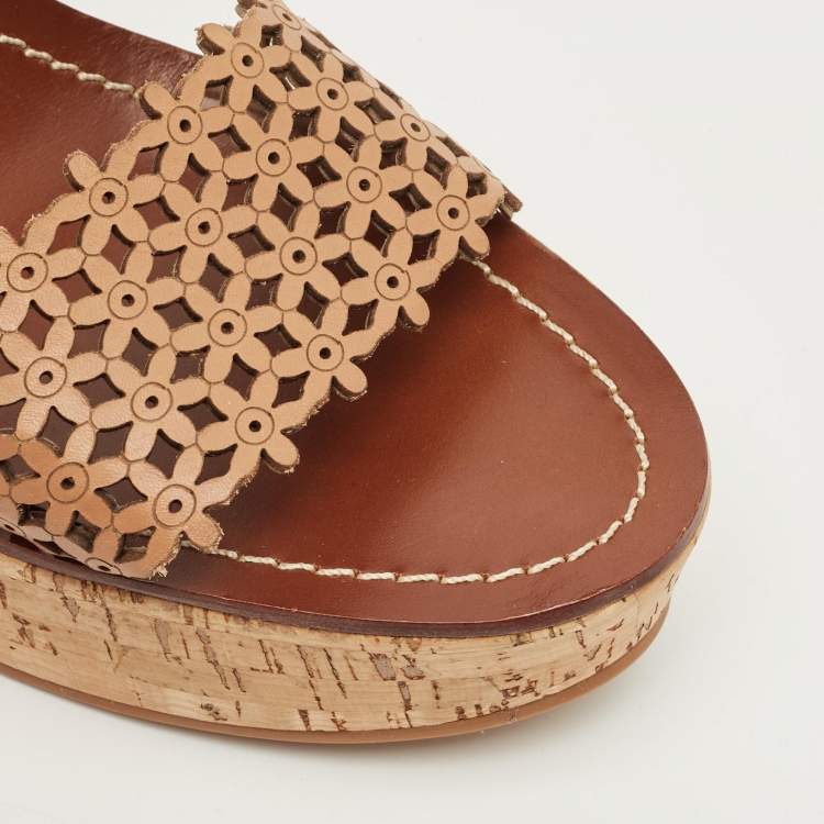 Pre Owned Tory Burch Beige Perforated Leather Daisy Cork Wedge Sandals Size 40.5